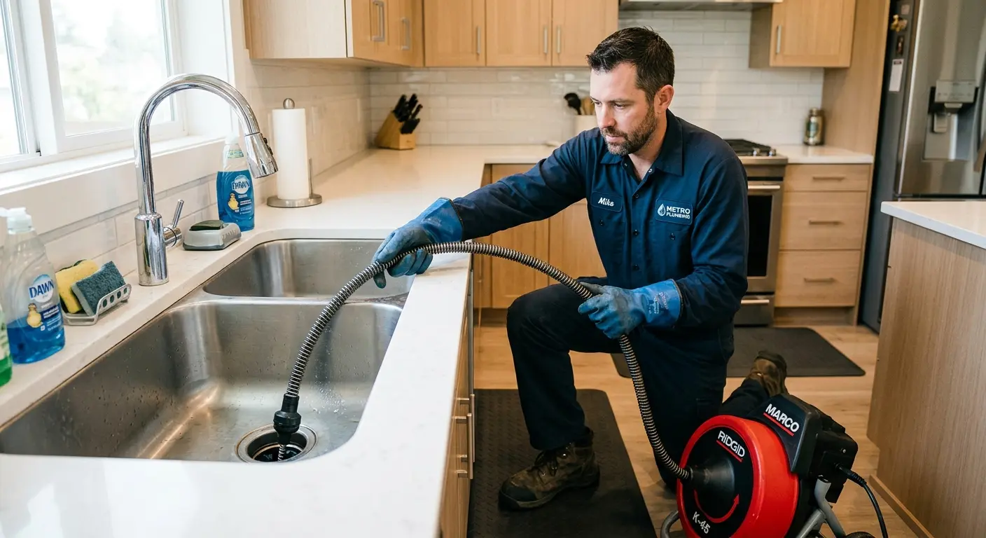 Drain cleaning technician using a motorized snake on a kitchen sink in Sussex