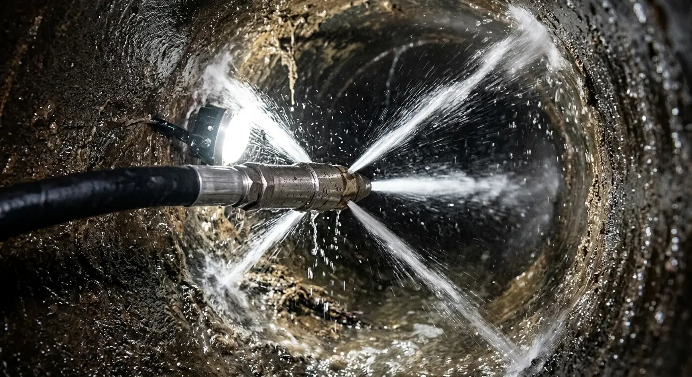 High-pressure hydro jetting nozzle cleaning sewer pipe for Trenchless Sewer Repair in Sussex