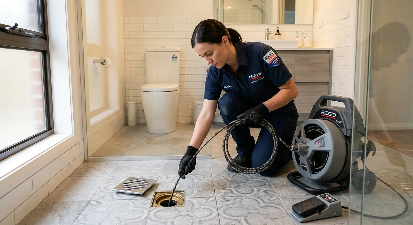 Technician clearing a bathroom floor drain for Hydro Jetting in Sussex